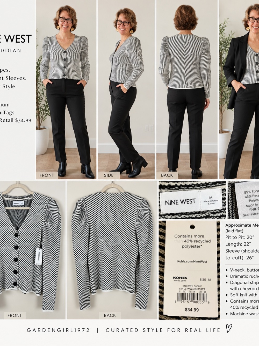 Nine West Black & White Chevron V-Neck Cardigan Sweater